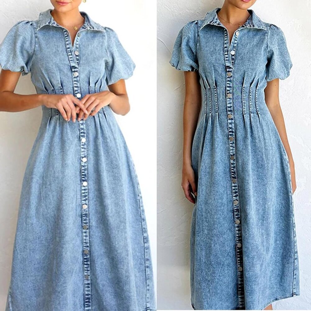 Women Denim Dress Long Puff Sleeve Button-Down Casual Slim Fit Midi - Picture 3 of 6